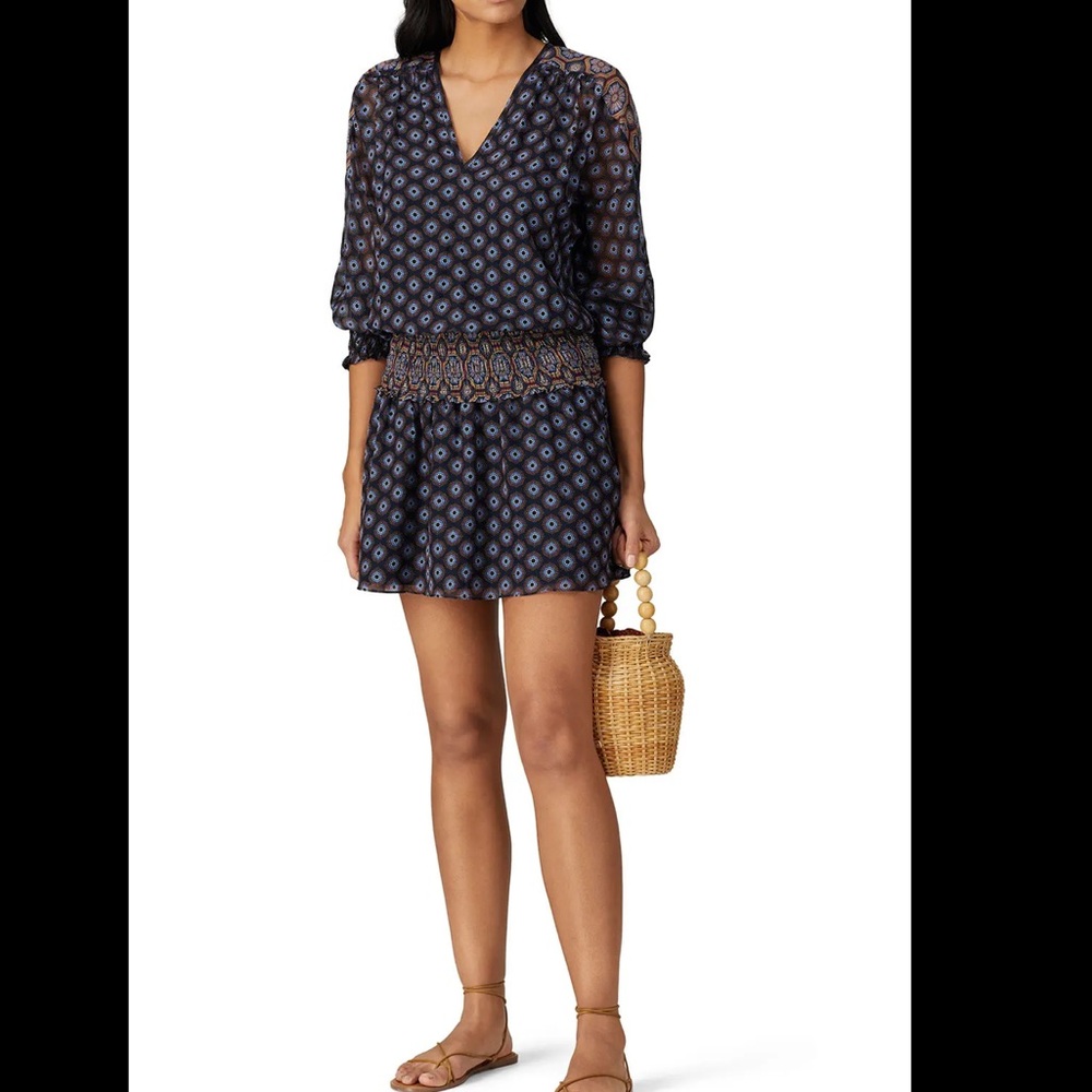 Ramy Brook Davies Silk Printed Mini Dress Size S Women Smocked Wasit Long Sleeve